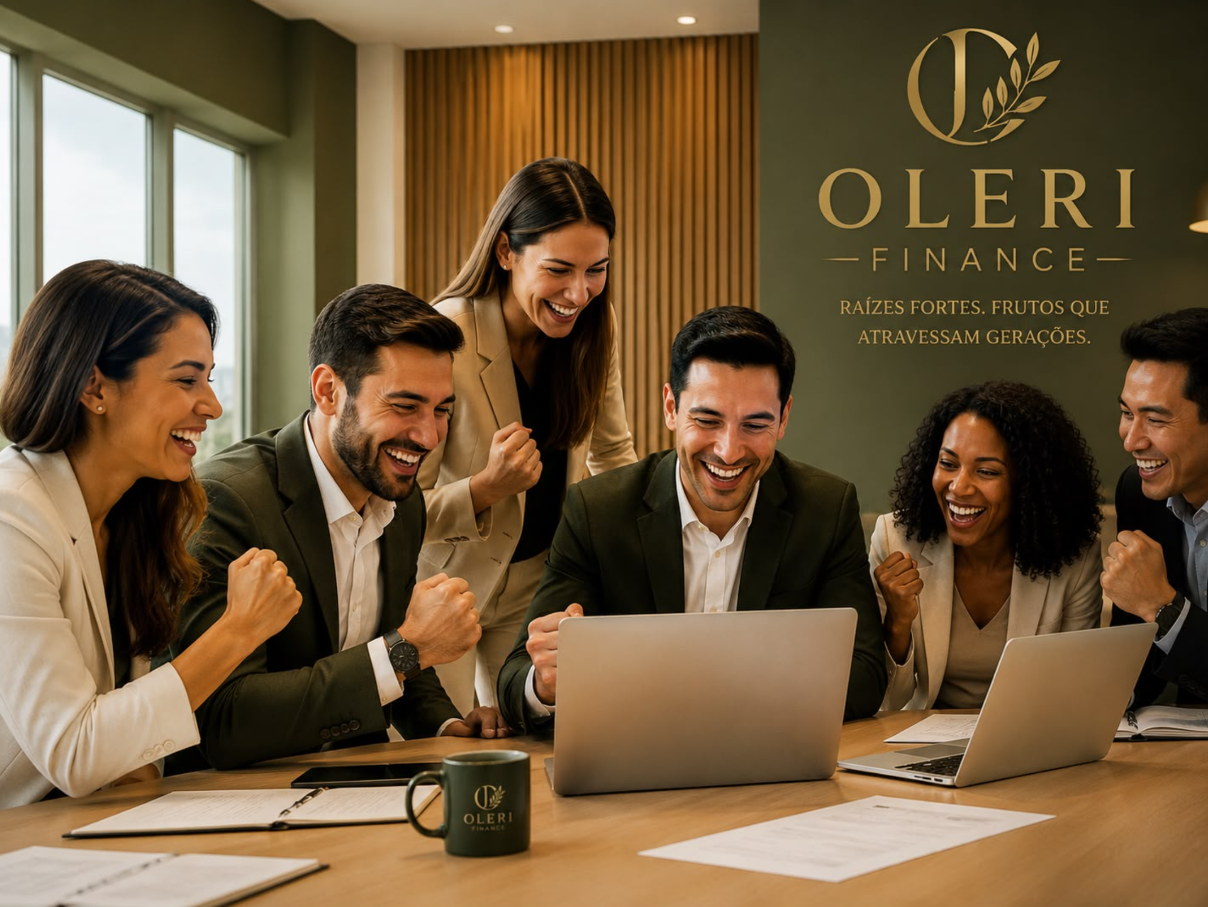 Time de agentes financeiros brasileiros comemorando resultados
